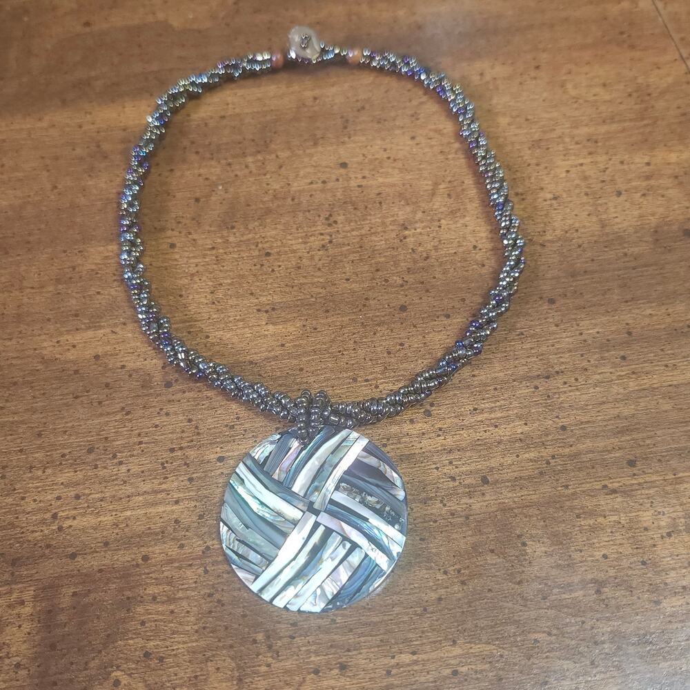 Round Iridescent Mosaic Pendant Twisted Seed Bead Necklace Abalone Look Closure